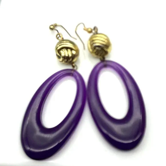 Unique Elongated Hoop Dangle Earrings, Gold Tone Vintage Knot drops to Purple - Picture 2 of 5